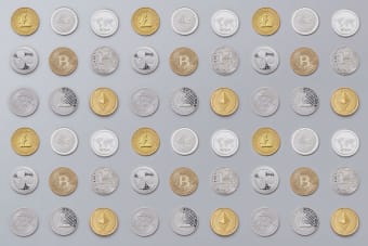 A seamless pattern of various cryptocurrency coins in gold and silver tones.