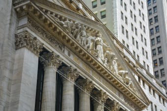 Classic architecture of the New York Stock Exchange facade in NYC.