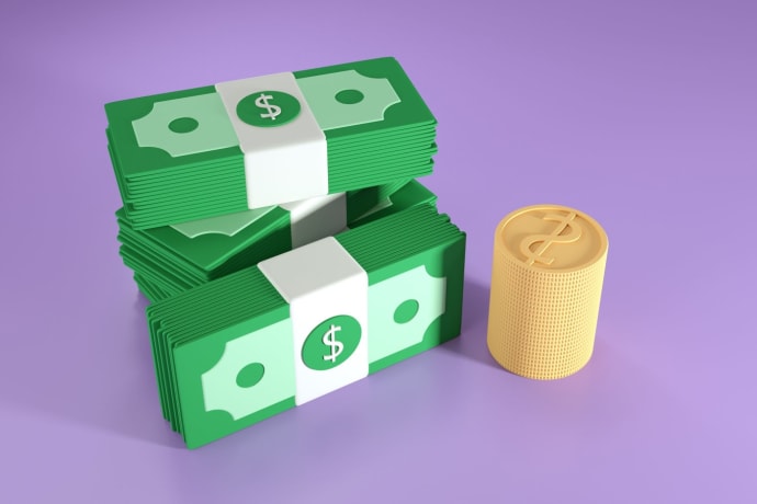 3D illustration of stacked dollar bills and coins, symbolizing finance and wealth.