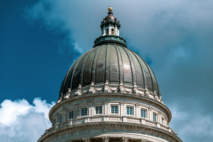 Close-up of the Utah State Capitol dome against a striking sky in Salt Lake City.
