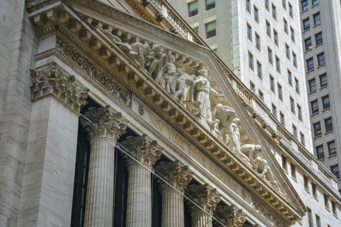 Classic architecture of the New York Stock Exchange facade in NYC.