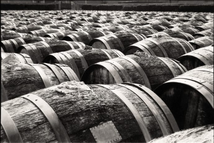 Rows of wooden barrels in an outdoor wine storage yard captured in black and white.