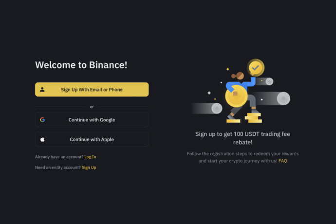 Welcome Page on Binance Website