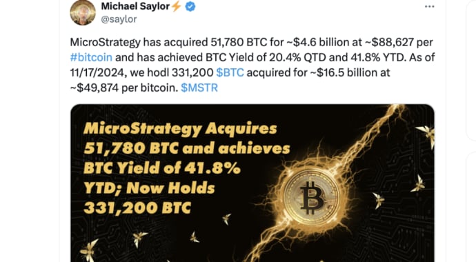 MicroStrategy has acquired 51,780 BTC for ~$4.6 billion at ~$88,627 per #bitcoin (Michael Saylor on X)