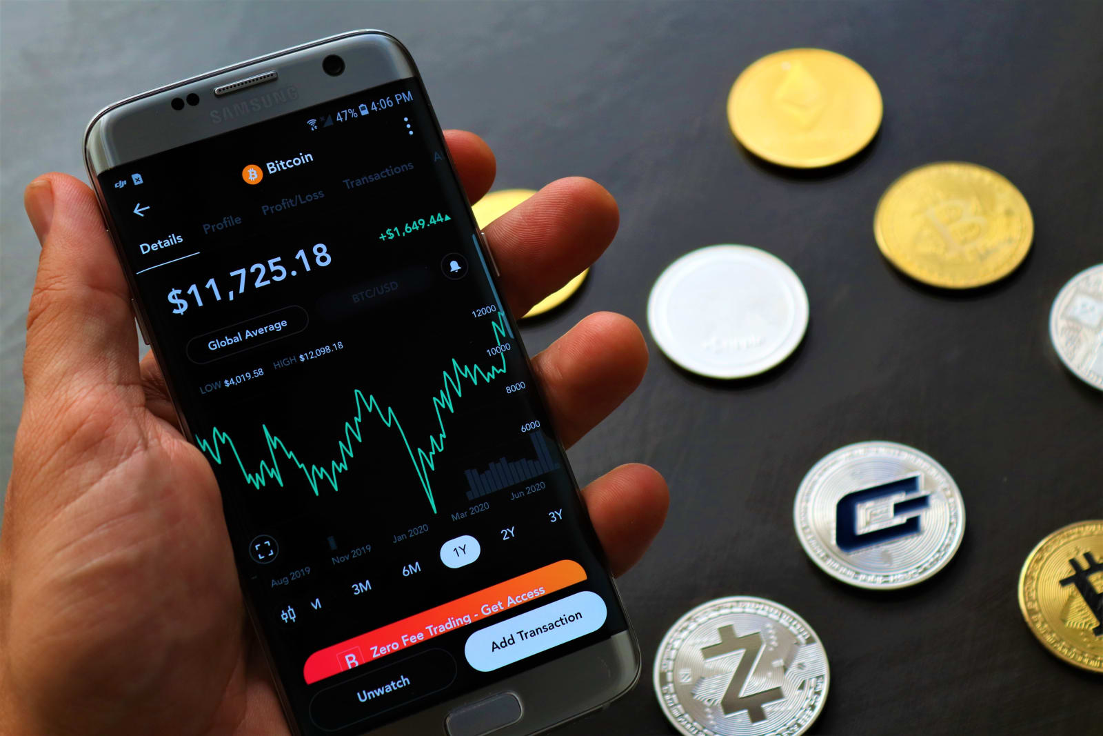 Close-up of a smartphone app showing Bitcoin trading details with crypto coins on a black surface.