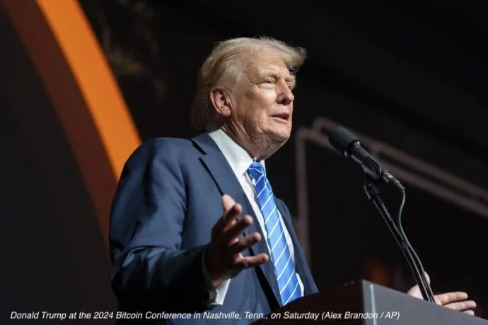 Donald Trump at the 2024 Bitcoin Conference in Nashville, Tenn., on Saturday (Alex Brandon / AP)