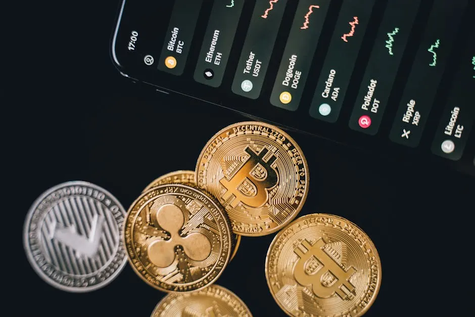 Close-up view of various cryptocurrency coins with a digital market display in the background.