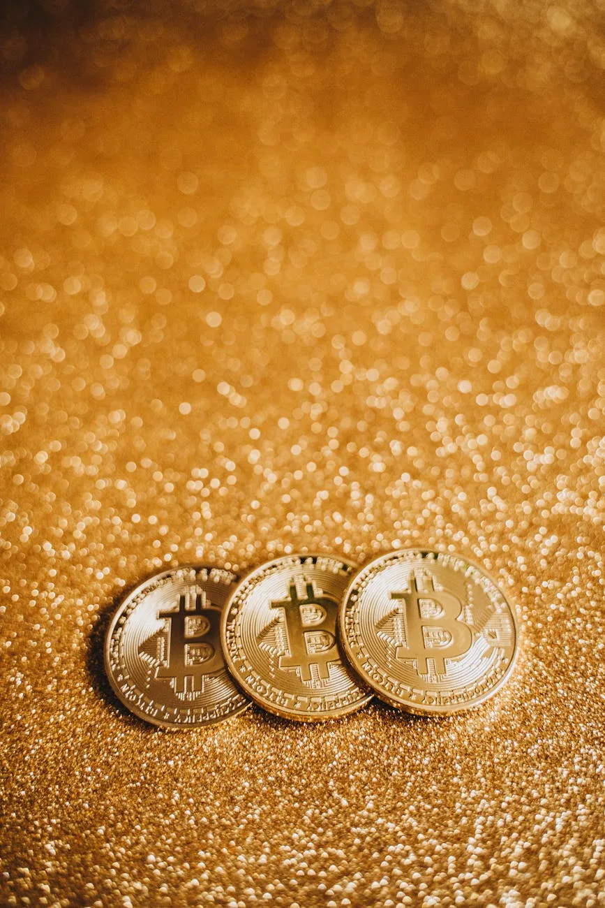 Three Bitcoin coins on a shimmering gold backdrop symbolizing cryptocurrency and wealth.