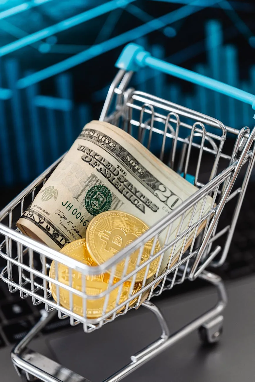 Shopping cart filled with bitcoins and US dollars, symbolizing digital investment.
