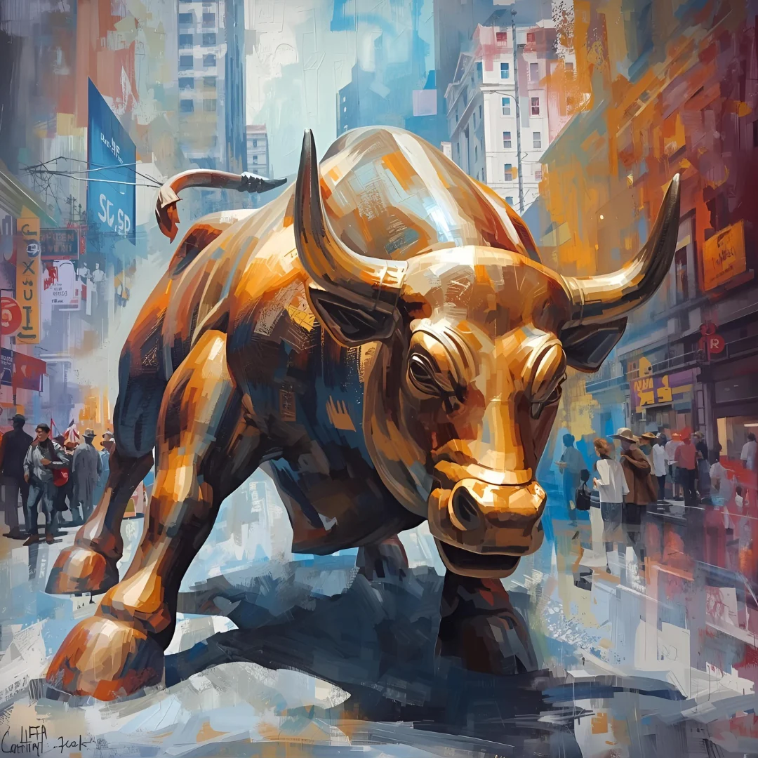 Illustration of a bullish market with a bull charging in front of an S&P 500 chart showing upward trends