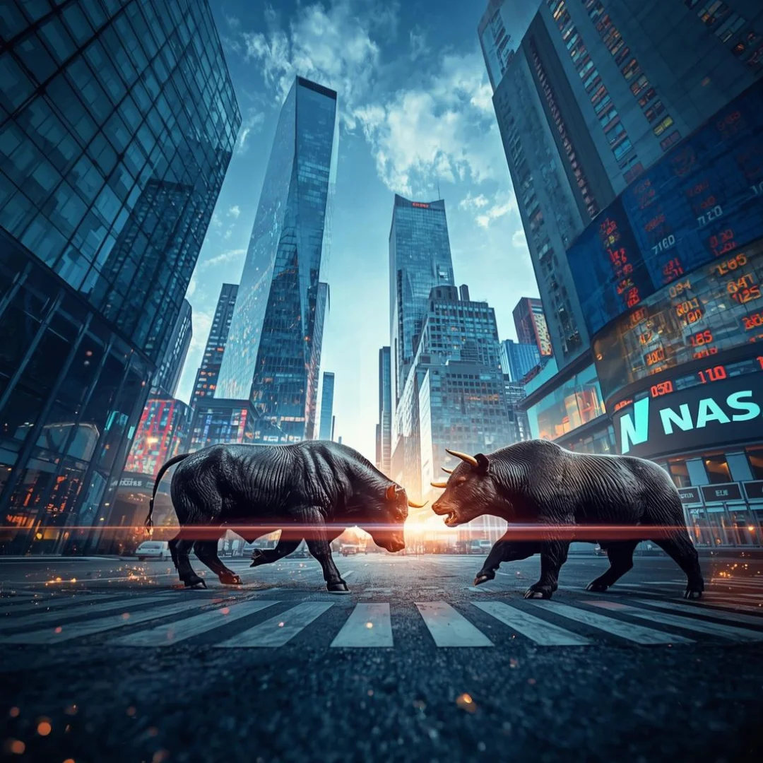 Illustration of market trend showing Nasdaq 100 index, bull and bear