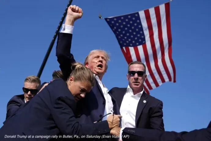 Donald Trump at a campaign rally in Butler, Pa., on Saturday.Evan Vucci / AP