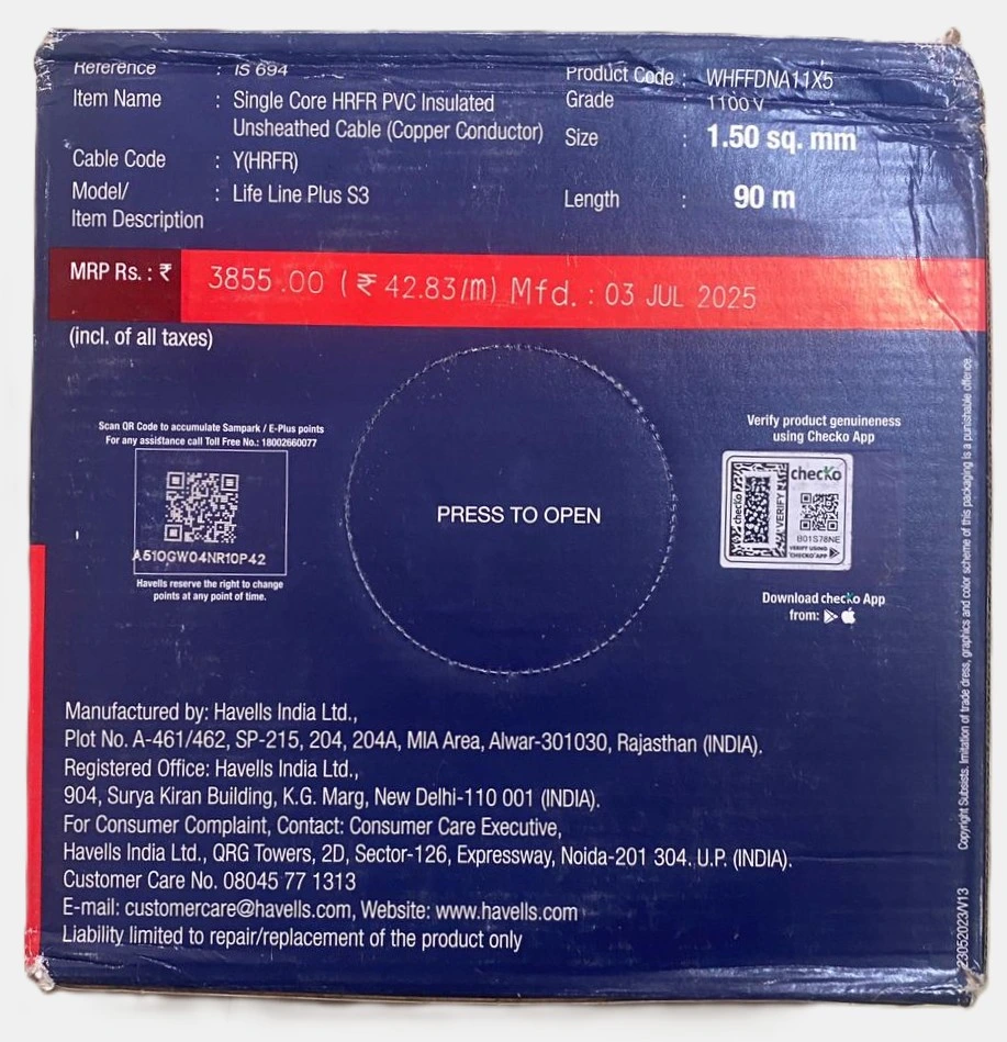 Havells 1.5 sq. mm Life Line Plus S3 HRFR House Wire 90m – For Fans, Lights & Appliances