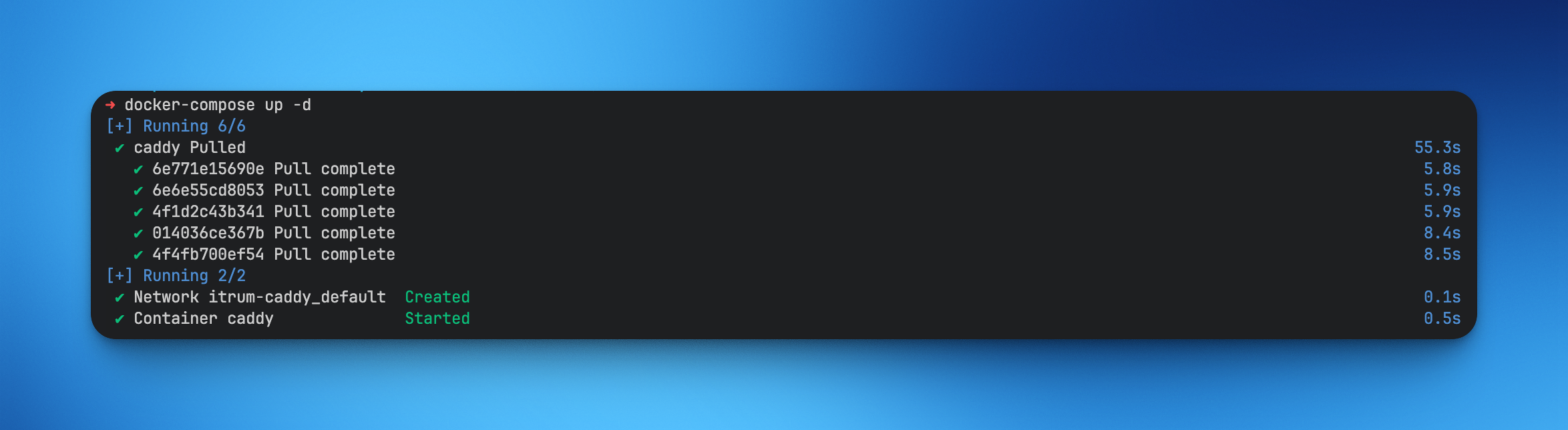 Kết quả chạy docker-compose up -d cho Caddy
