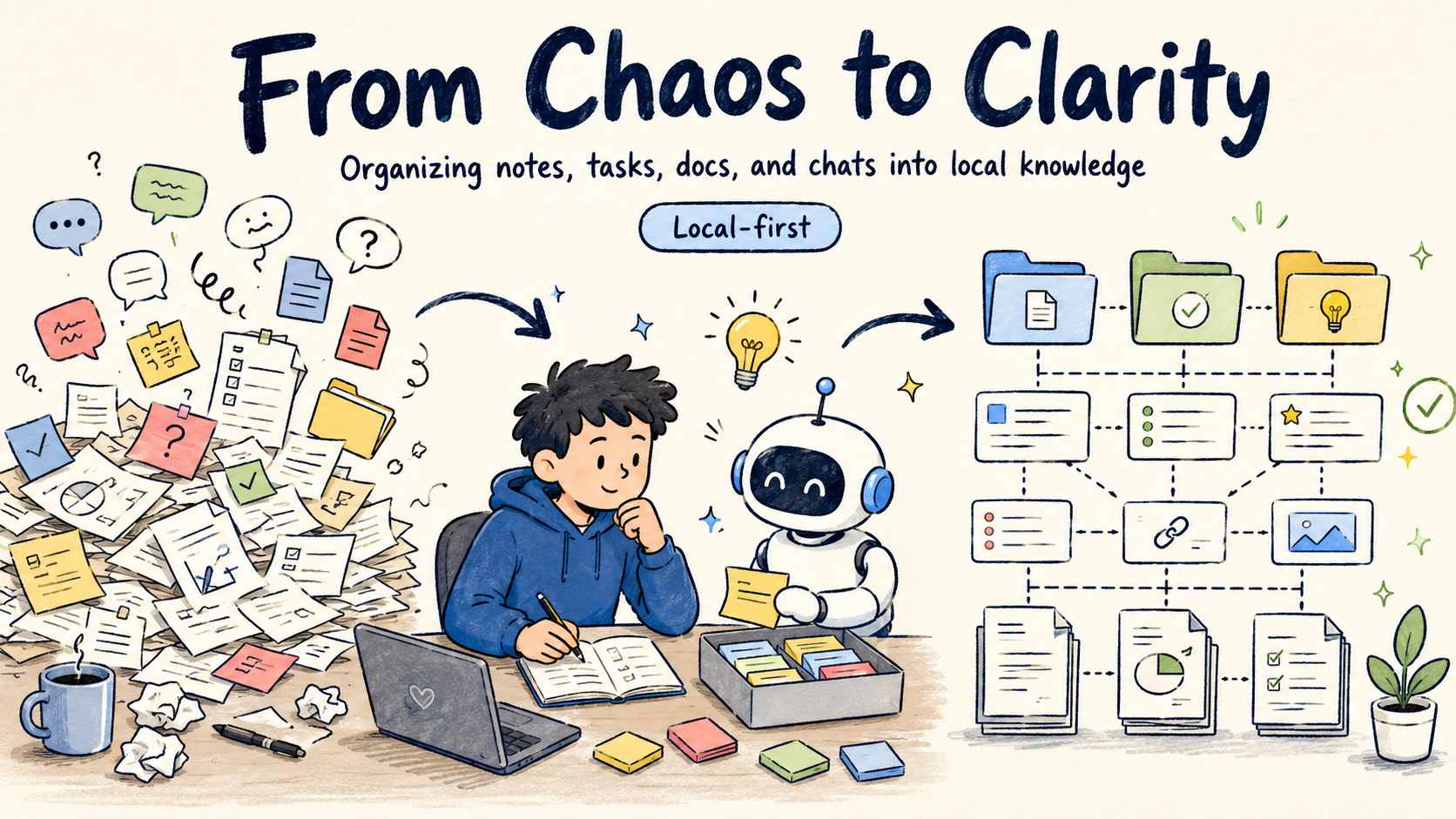 Scattered context being organized into a second brain for a system