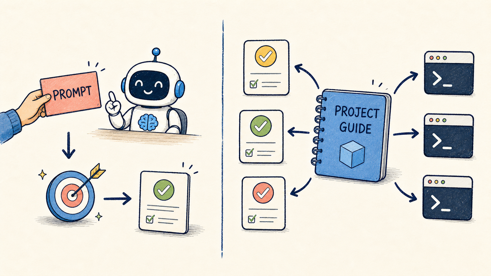 So sánh prompt dành cho một task với project guide được dùng lại qua nhiều task và session