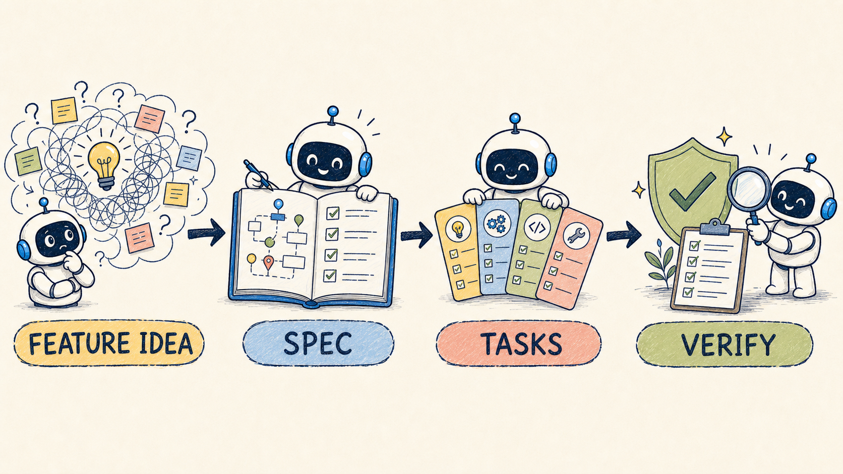 Workflow từ feature idea qua spec và các task nhỏ tới bước verify