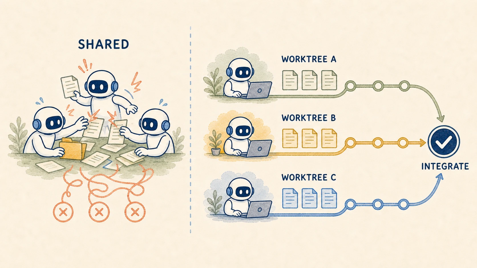 So sánh nhiều agent cùng sửa workspace chung với các agent làm trong worktree riêng rồi ghép lại