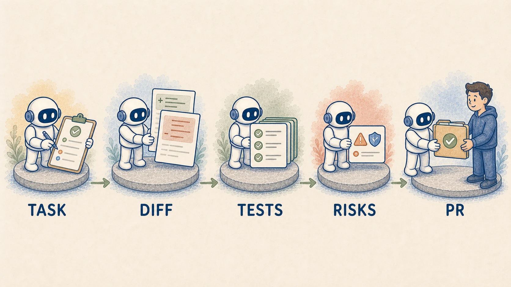 Task, diff, test và rủi ro được đóng gói thành một pull request có thể review