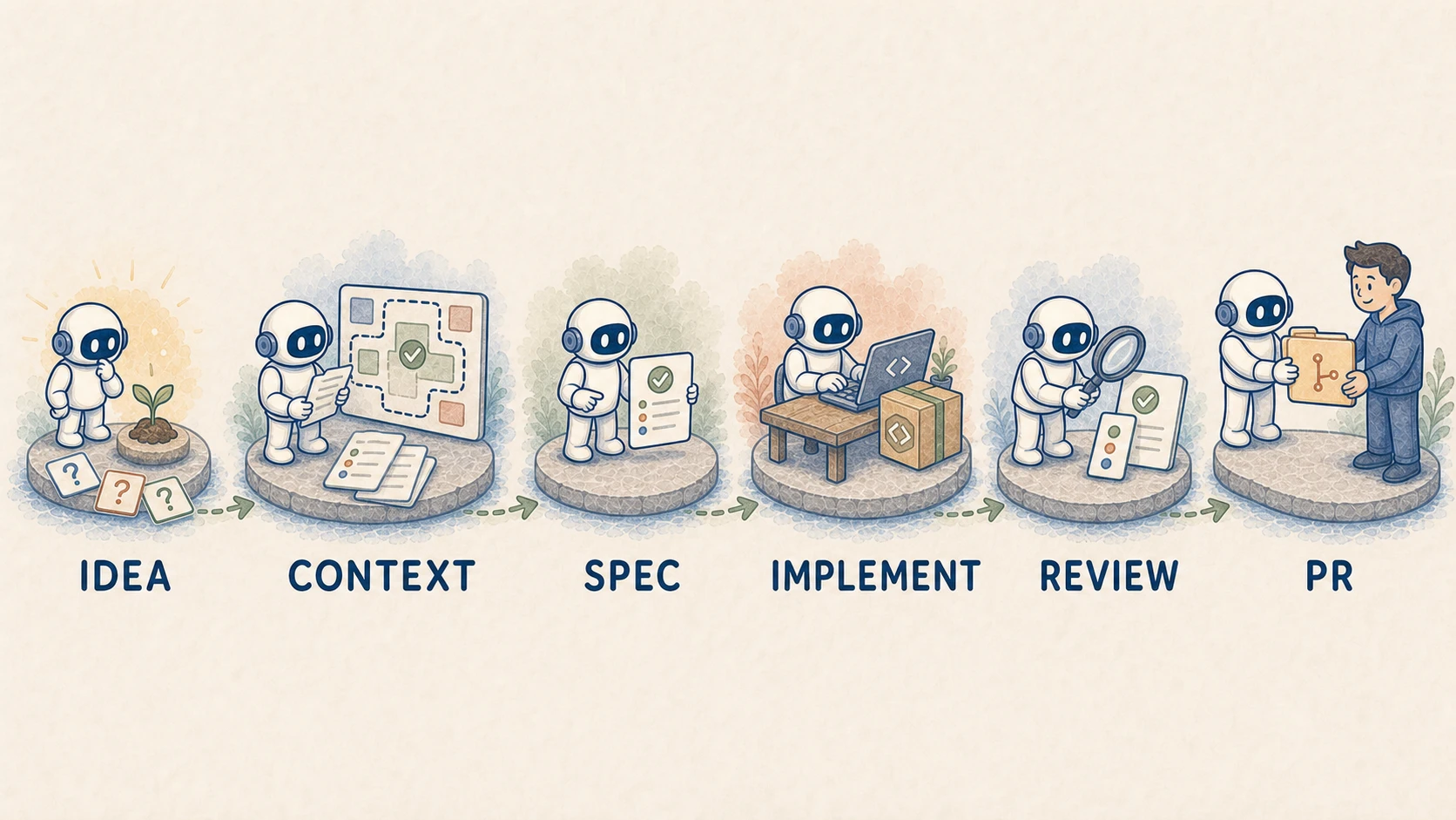 Quy trình từ ý tưởng qua ngữ cảnh, đặc tả, thực thi và review tới pull request