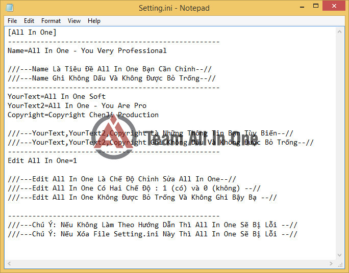 File Setting.ini dùng để tùy chỉnh bộ All In One