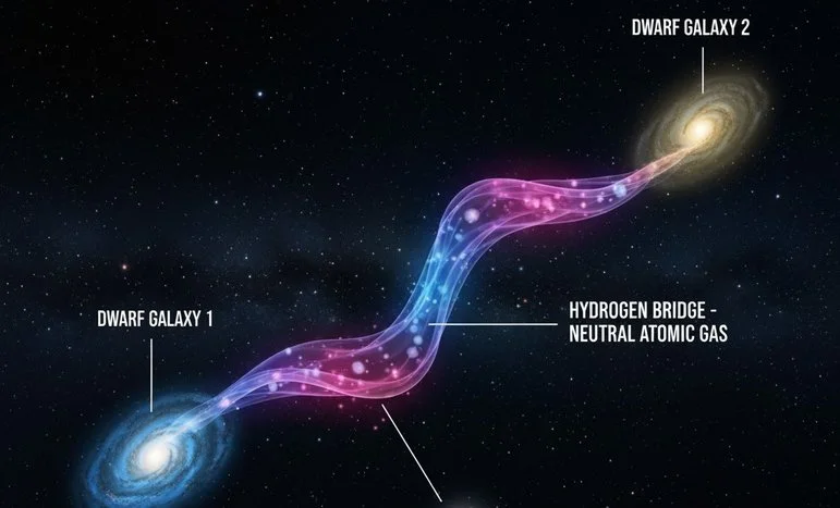 Astronomers Discover Massive Hydrogen Gas Bridge Linking Dwarf Galaxies Astronomers Discover Massive Hydrogen Gas Bridge Linking Dwarf Galaxies