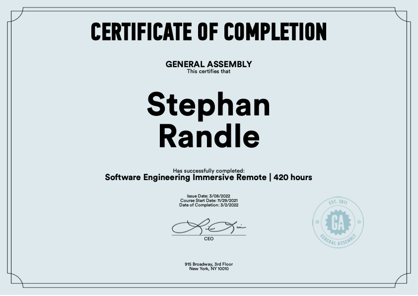 General Assembly SEIR Certificate certificate