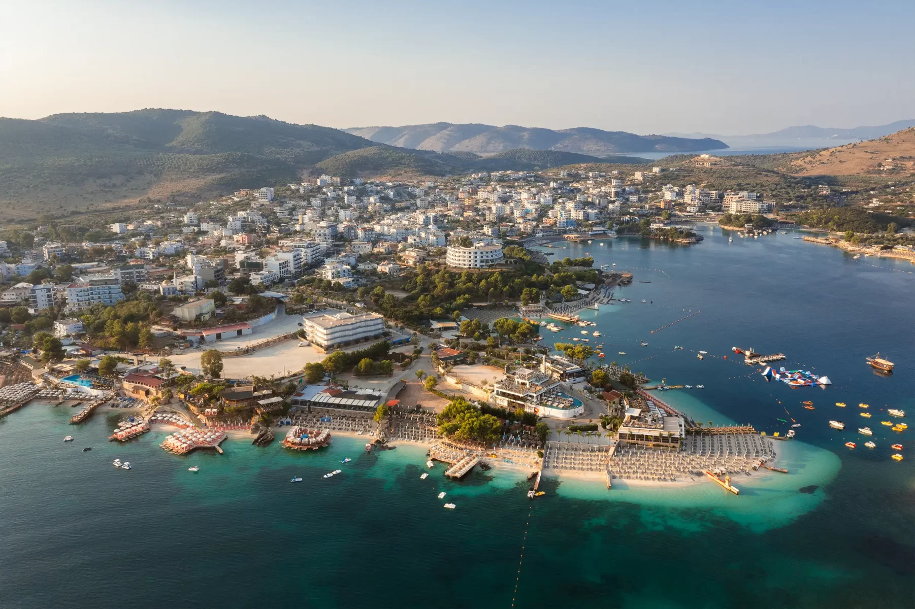 Aerial hospitality photography of a resort in Albania captured at sunrise with emphasis on Ksamil beach 7.