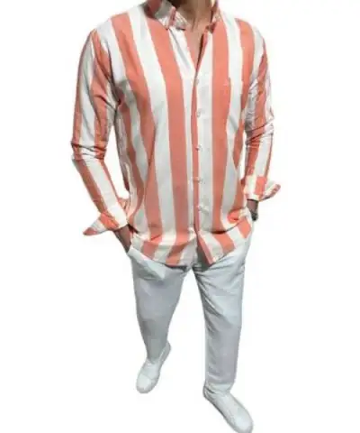 Cotton Striped Shirt Full Sleeve With Neck And Buttons For Men - White Orange