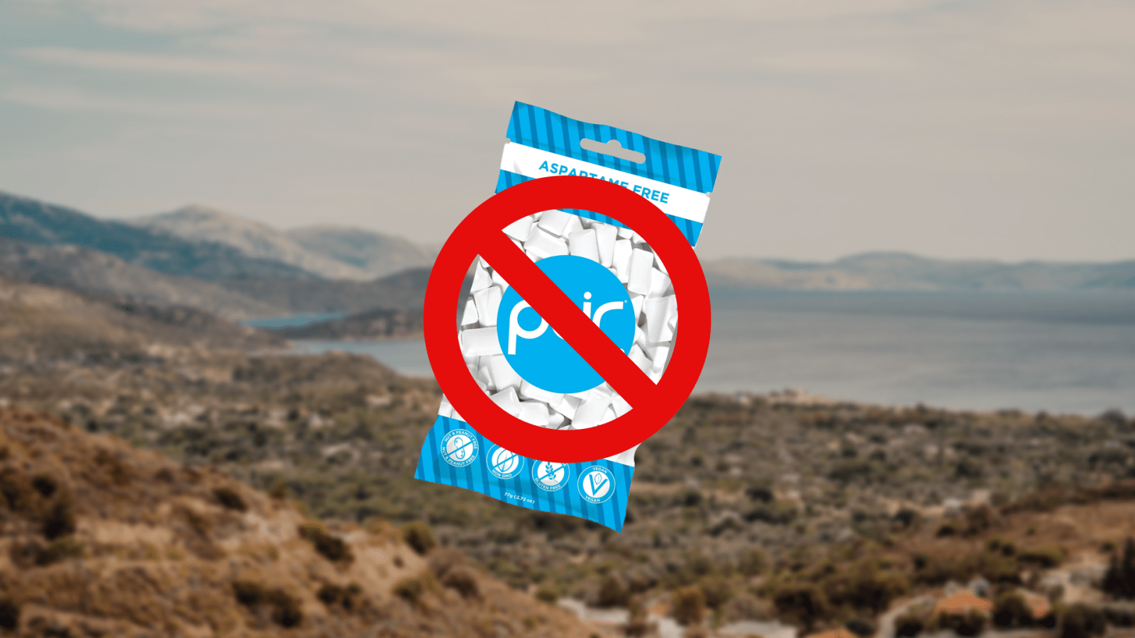Picture of 'Pur Gum,' a sugarfree chewing gum brand, with a 'no' symbol on top of it, superimposed on a scenic landscape from Chios, Greece.