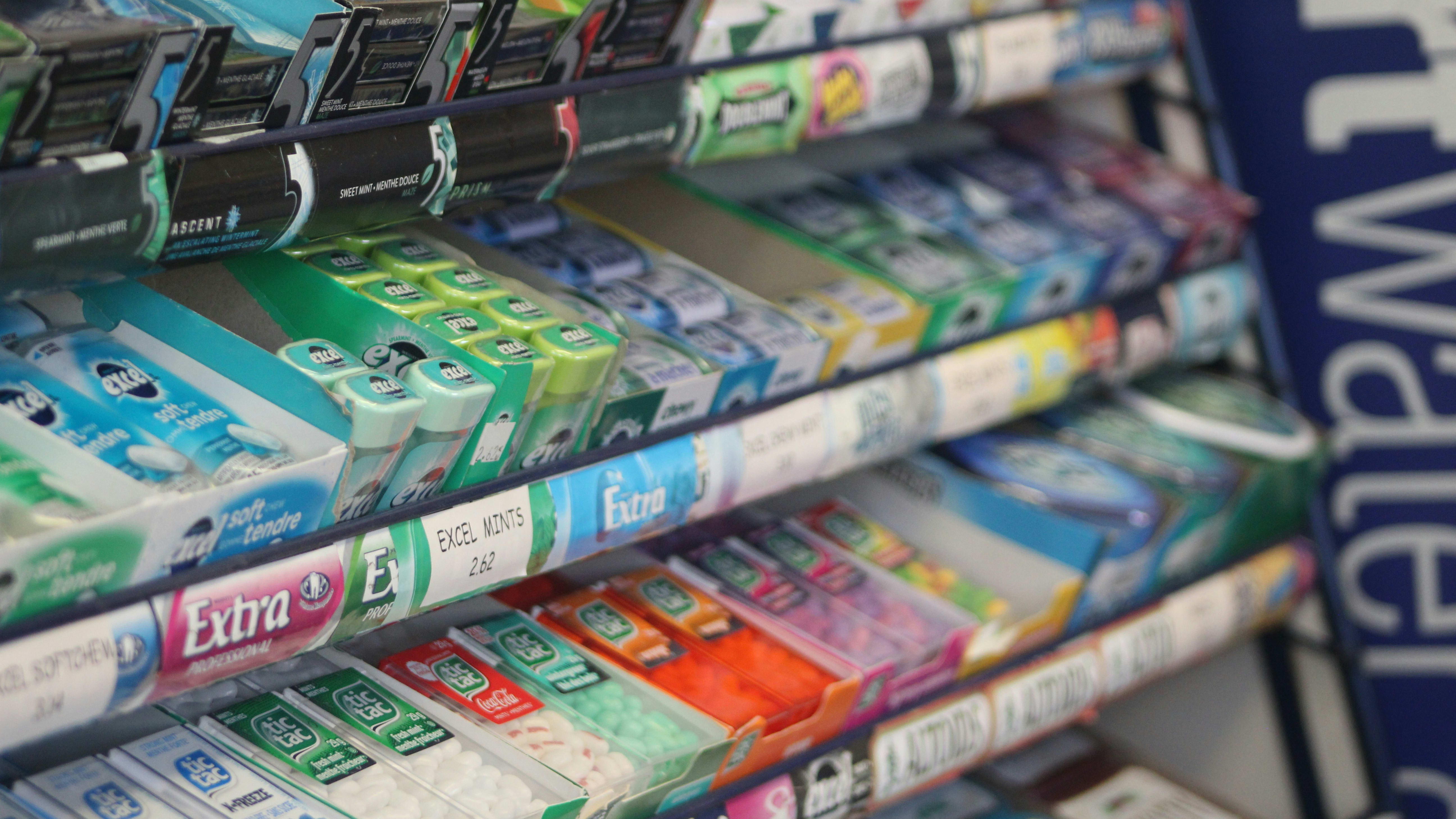 Gum aisle in store with an assortment of options.