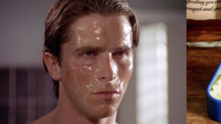 Christian Bale as Patrick Bateman in *American Psycho*, alongside an open tin of Greco Gum mastic gum