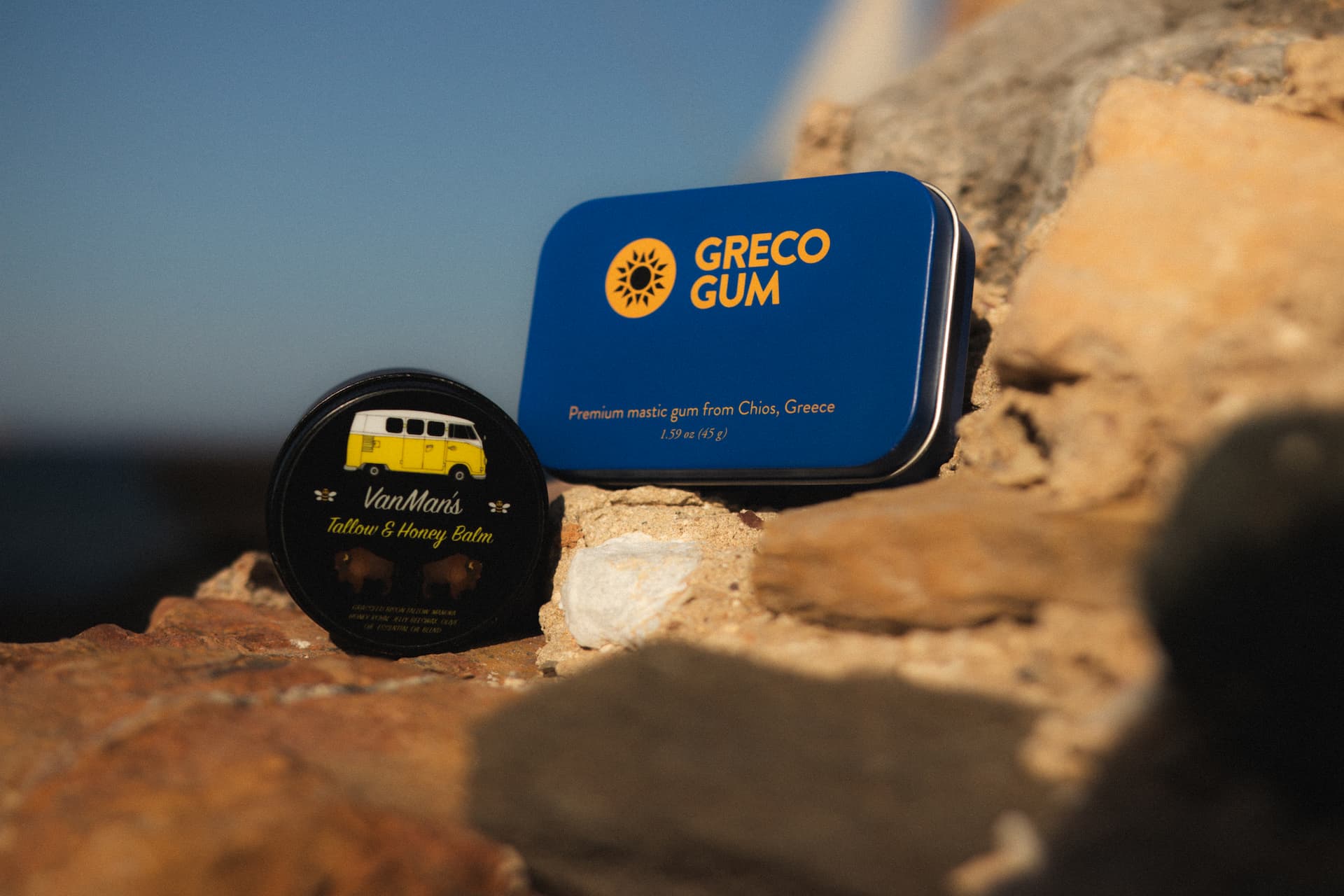 VanMan bison tallow jar next to Greco Gum tin