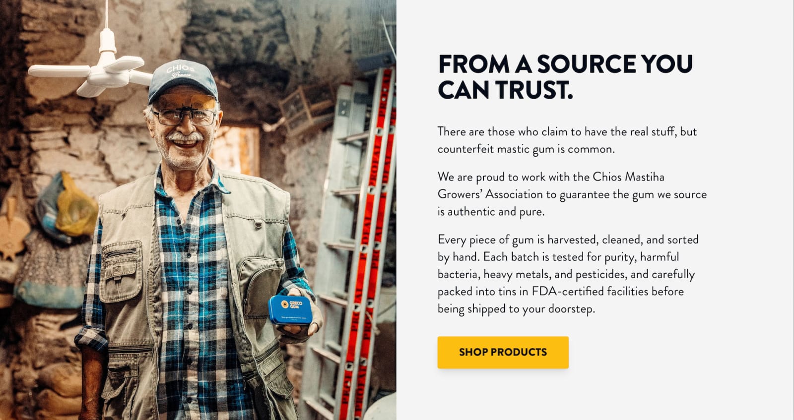 A man holds a tin of Greco Gum next to a blurb of text about Greco Gum’s sourcing