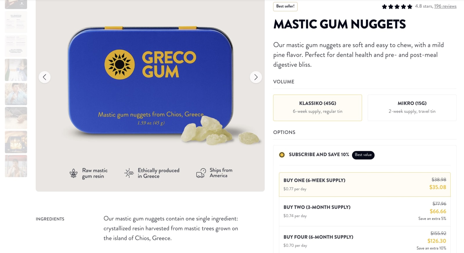 Excerpt from Greco Gum’s website with a price-per-day value breakdown of their “mastic gum nuggets”