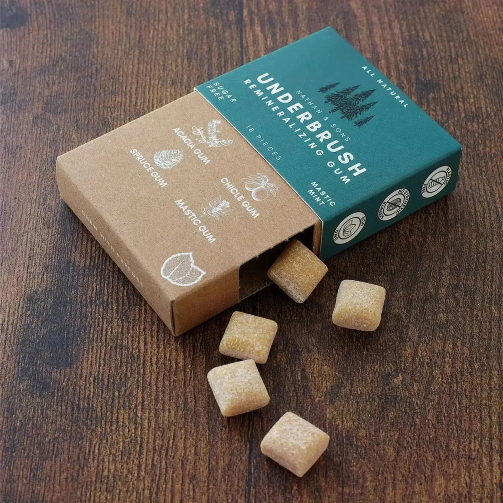 A pack of Underbrush gum on a wood table
