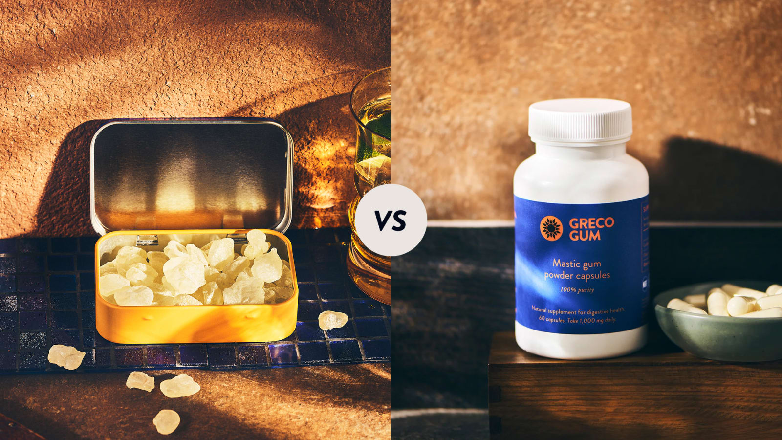 Photo of open mastic gum tin containing resin nuggets, juxtaposed to a photo of a bottle of mastic powder capsules.