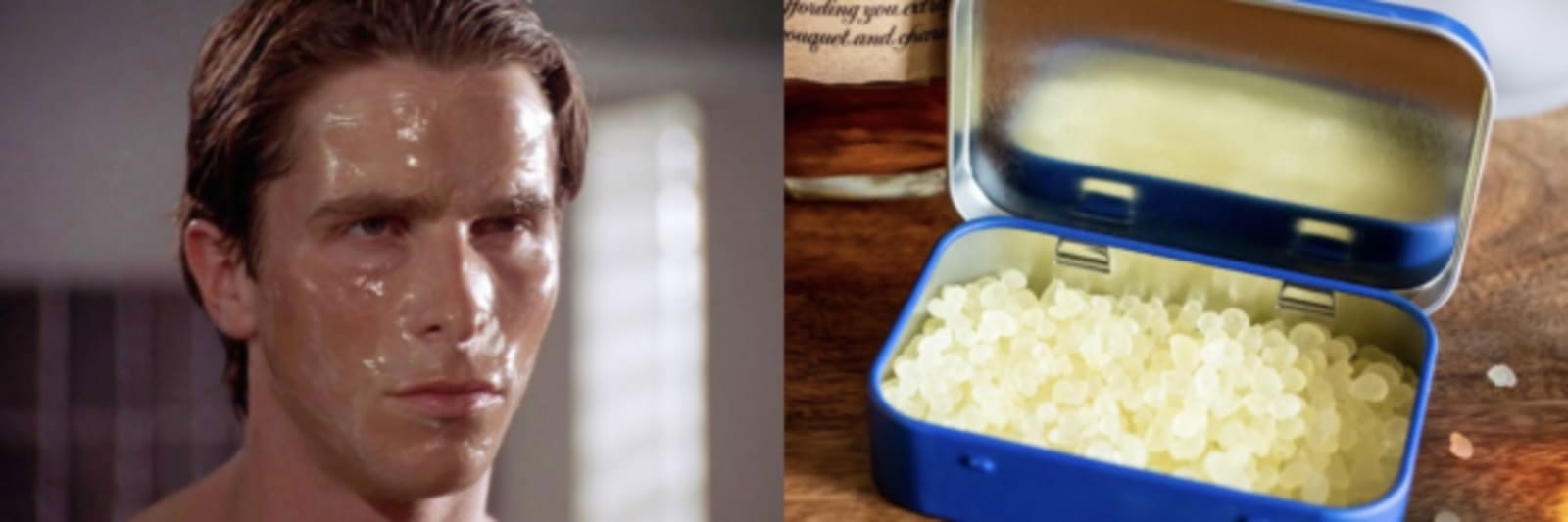Christian Bale as Patrick Bateman in *American Psycho*, alongside an open tin of Greco Gum mastic gum
