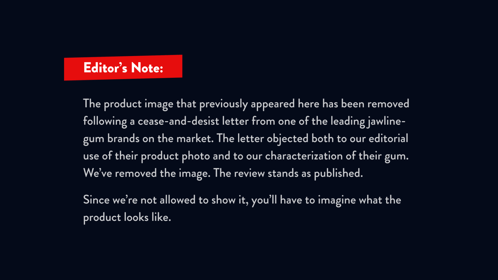 An editor's note explaining that the original product image was removed following a cease-and-desist letter