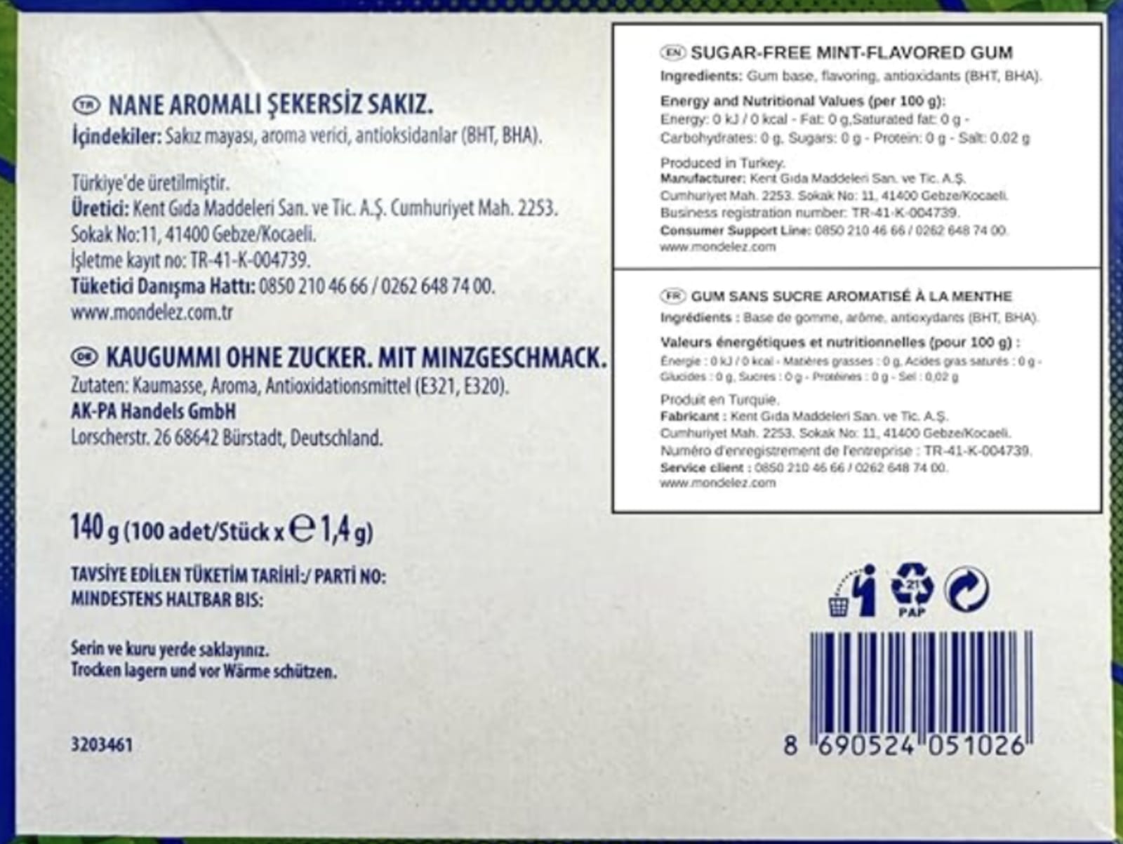 Image of a Falim mint-flavored gum label.