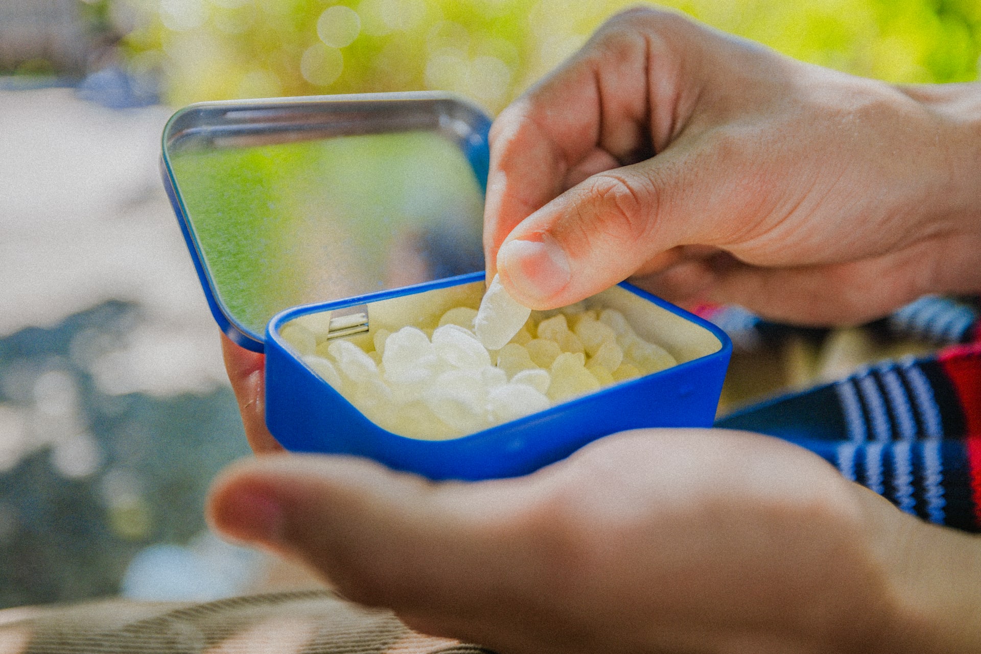 A hand picks out a large piece of mastic gum from a blue Greco Gum tin
