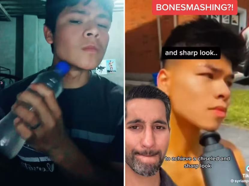 Side-by-side of two young men using massage guns on their jaws