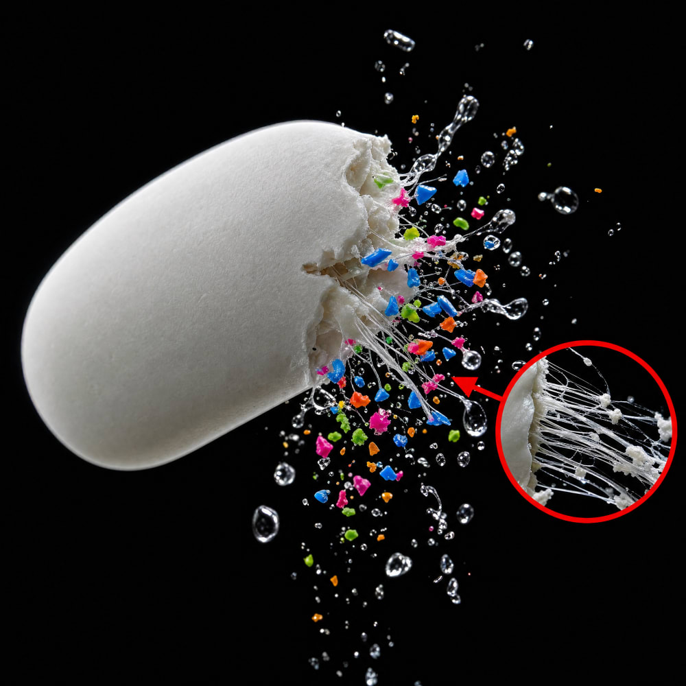 A piece of chewing gum breaking apart into fragments of coloured plastic
