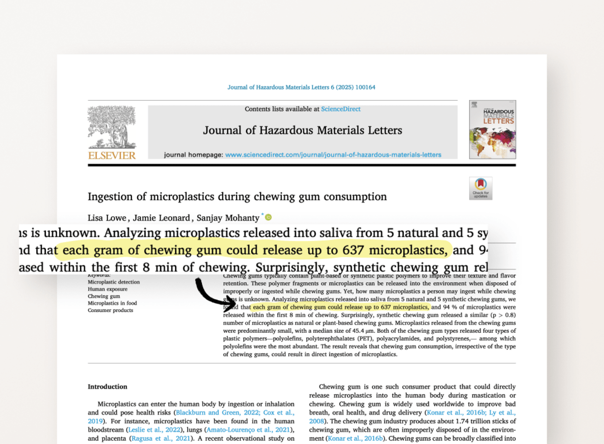 The 2025 study presented to the American Chemical Society on microplastics released during chewing gum consumption