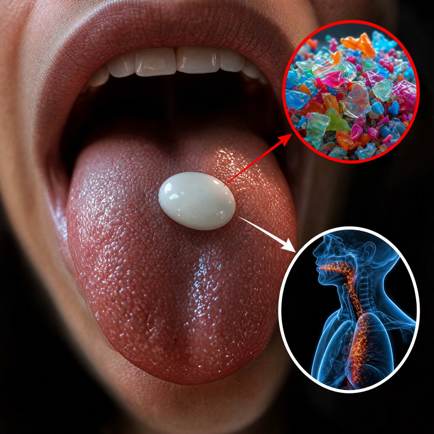 A piece of white chewing gum on a tongue — the microplastics it sheds and where they travel in the body