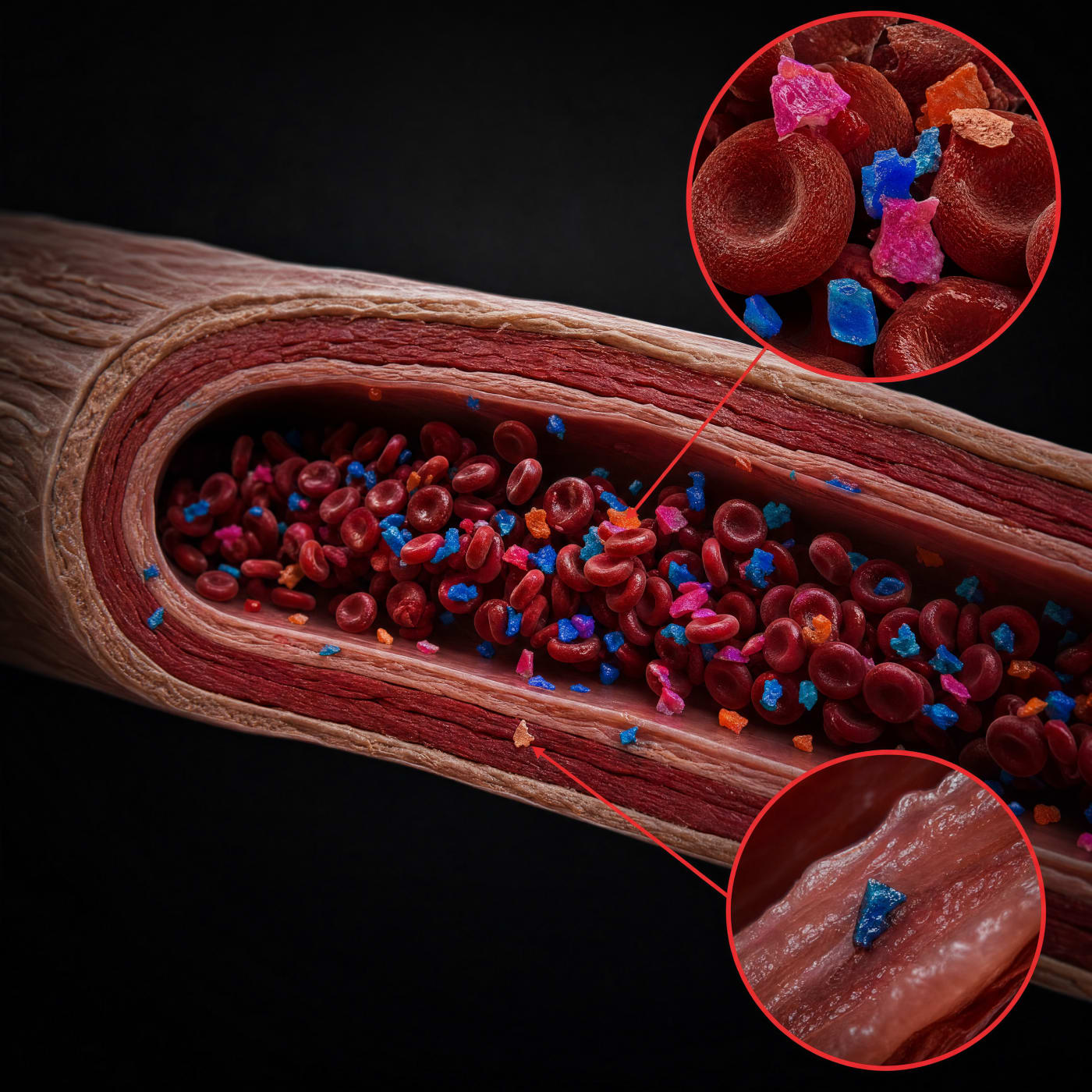 Microplastic particles flowing through a human artery among red blood cells