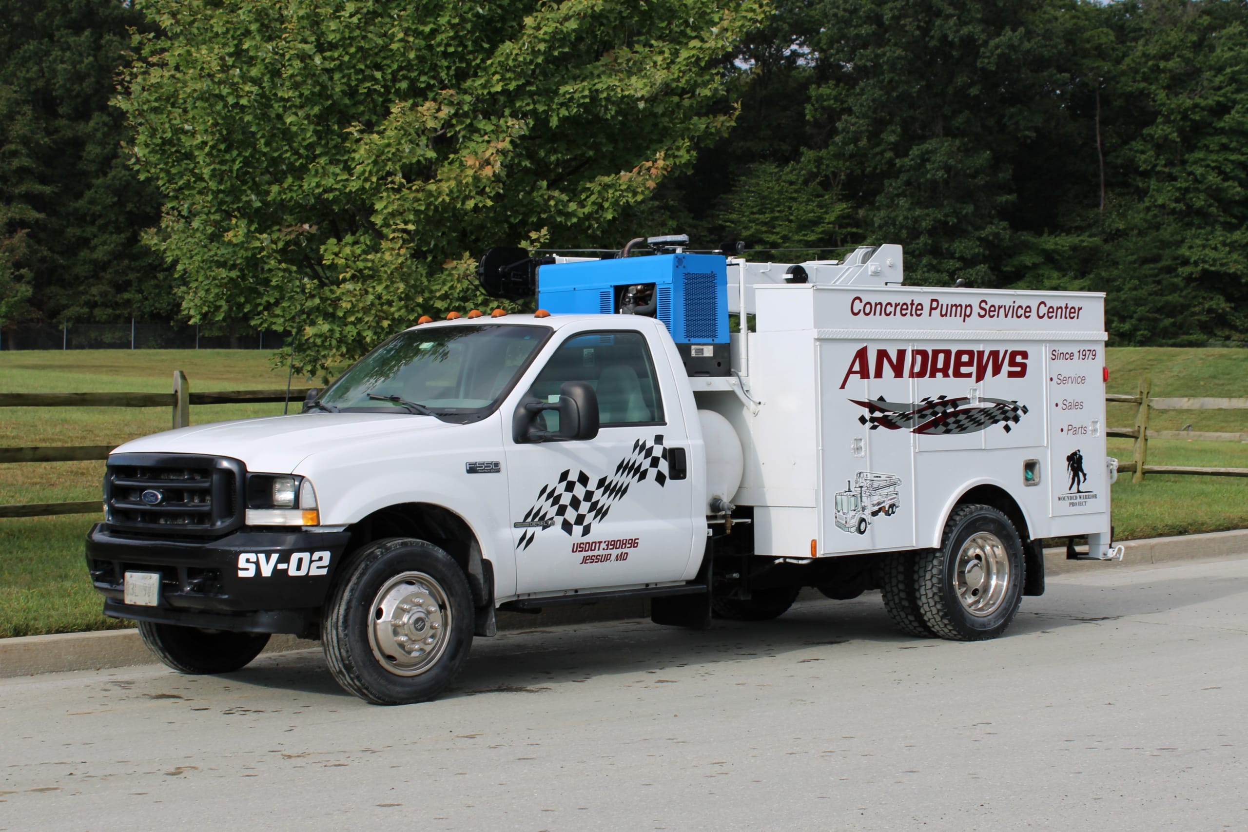 SV02 Andrews Concrete Pump Service Center service truck parked in West Virginia.