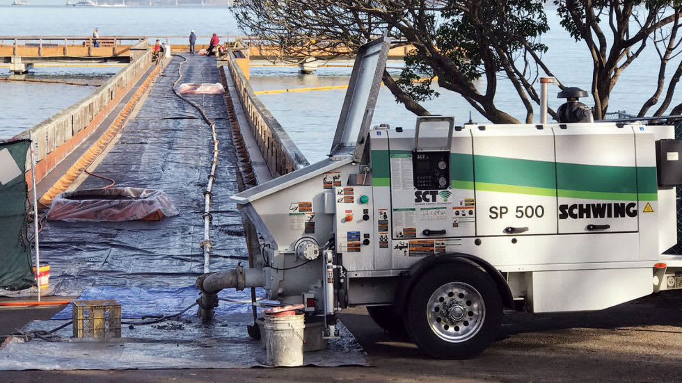 trailer concrete pump at a pier