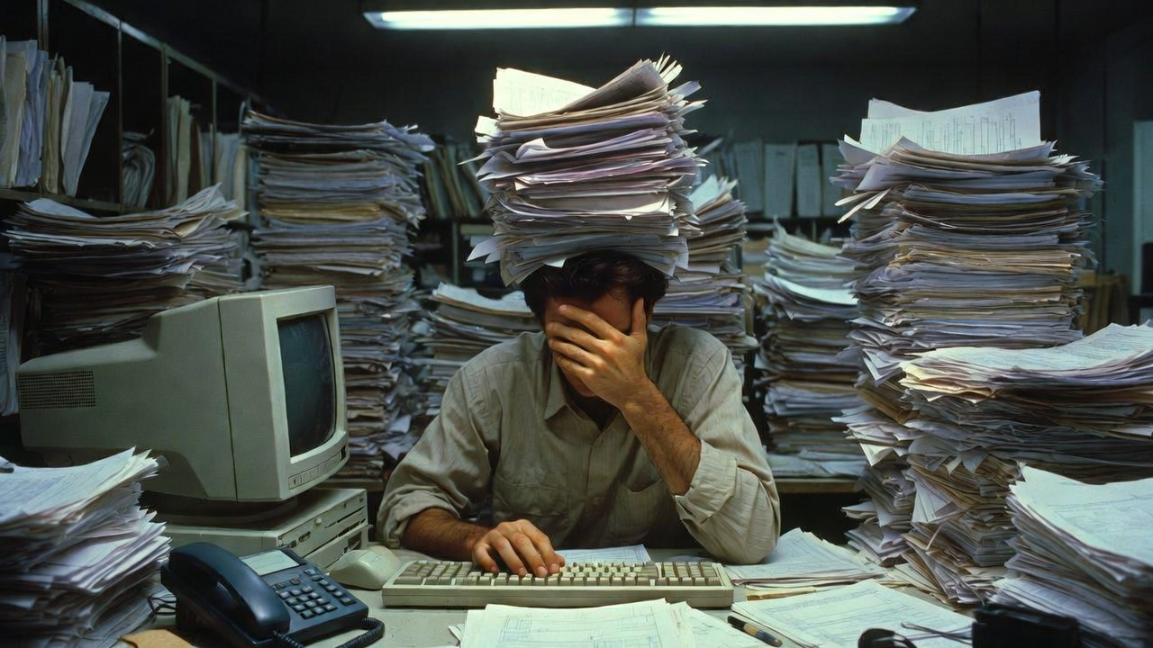 Nhân viên đang làm việc với chồng giấy tờ và máy tính để nhập liệu thủ công, thể hiện sự chậm trễ và lỗi thời