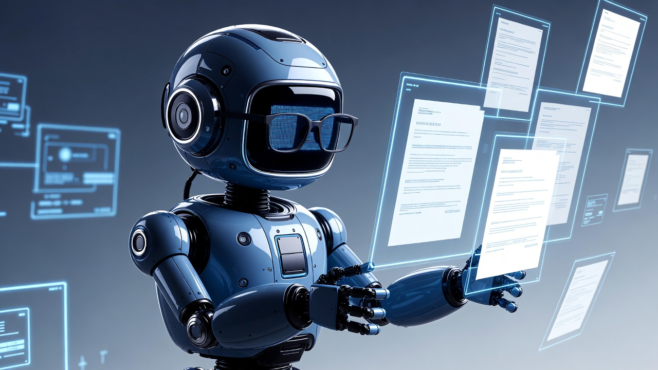 Biểu tượng robot và mắt kính đang quét qua các tài liệu số và giấy tờ, minh họa công nghệ RPA và OCR giúp tự động hóa và số hóa dữ liệu hiệu quả